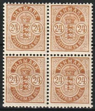 FRIMÆRKER DANMARK | 1901-02 - AFA 39 - 24 øre brun i 4-blok - Postfrisk